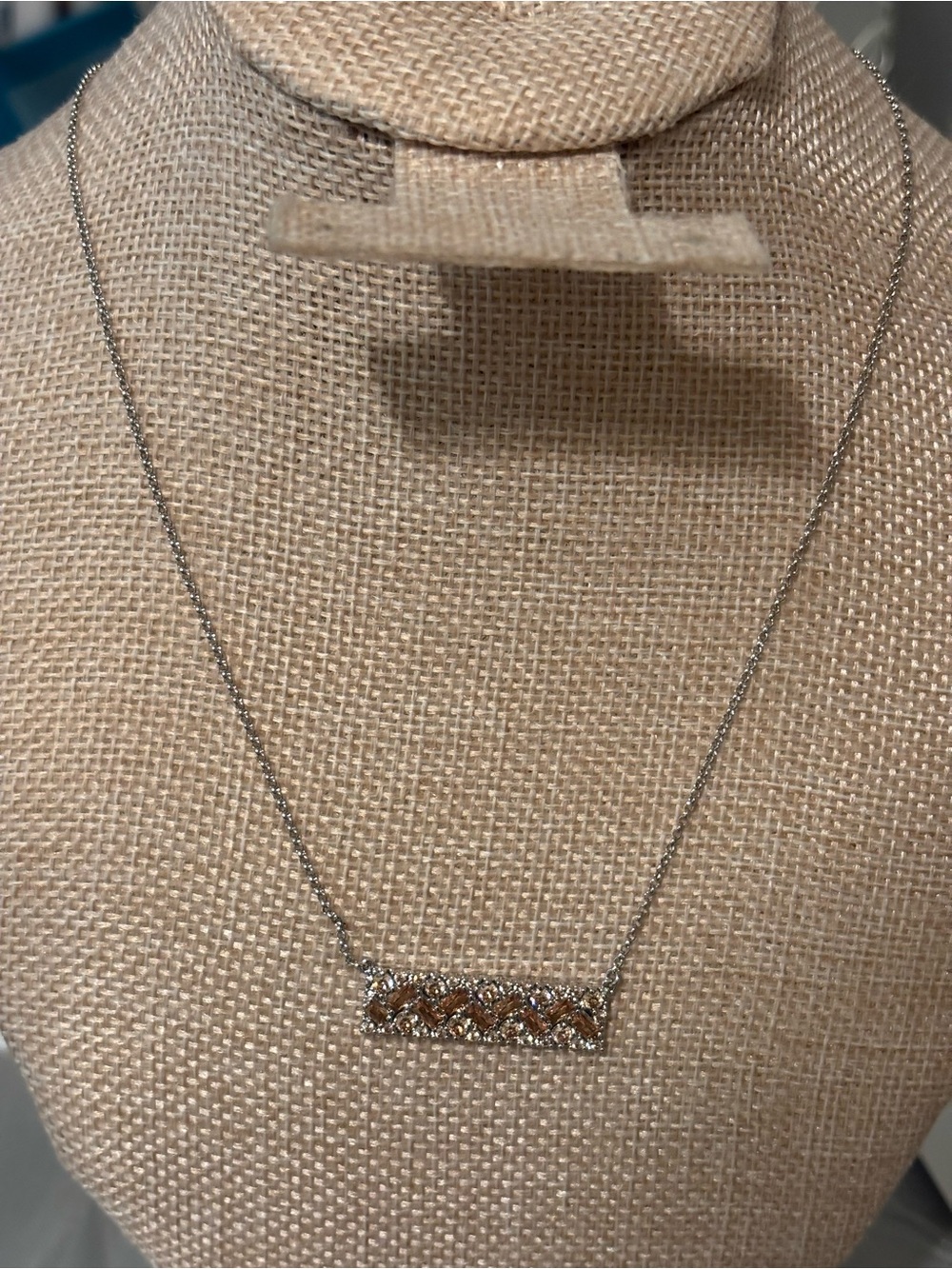 Rhodium plated Silver Bar Necklace with Brown/ Pinkish and Clear Stones